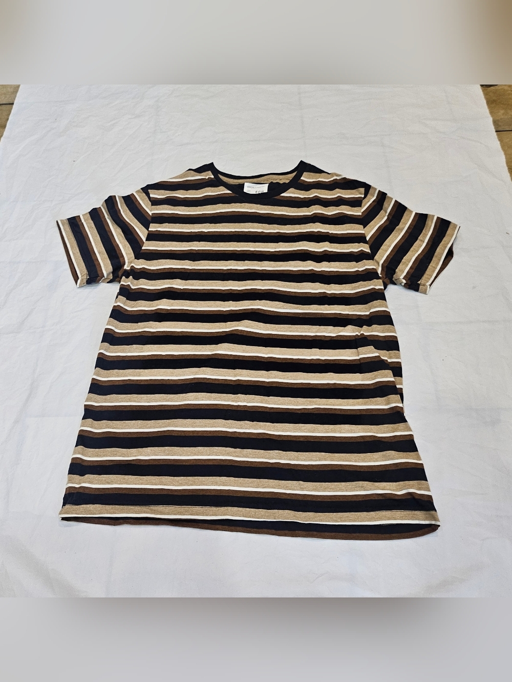 Denim & Flower Men's Short-Sleeve Striped Crewneck Tee - Black & Brown. Sz L